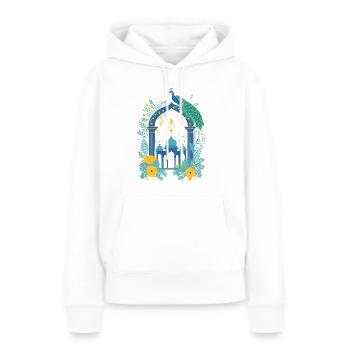 Illustration de temple avec des fleurs et un paon - Sweat à capuche Premium bio Femme - blanc - Devant - Julia (174cm)