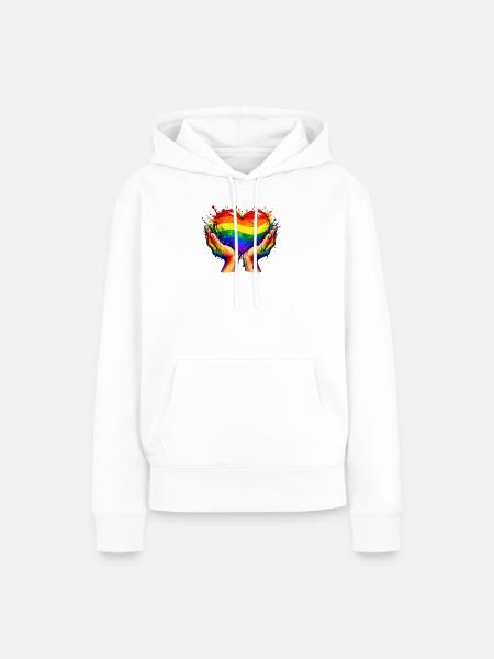 Regenbogenherz in schimmernden Händen - Frauen Premium Bio Hoodie - Weiß