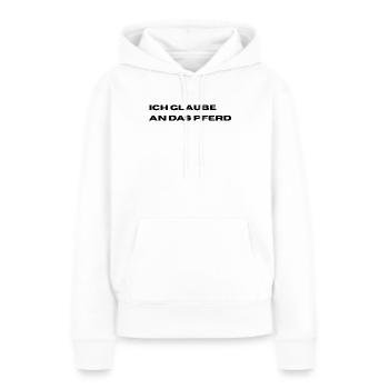 Je crois au cheval - Sweat à capuche Premium bio Femme - blanc - Devant - Julia (174cm)