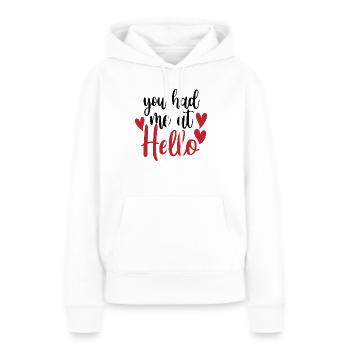 Tu m’as eu au Hello - Sweat à capuche Premium bio Femme - blanc - Devant - Julia (174cm)