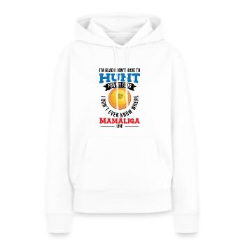 Je ne sais pas où habite Mamaliga - Sweat à capuche Premium bio Femme - blanc - Devant - Julia (174cm)