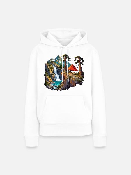 Felskessel-Camp mit Hängezelt und Wasserfall - Frauen Premium Bio Hoodie - Weiß