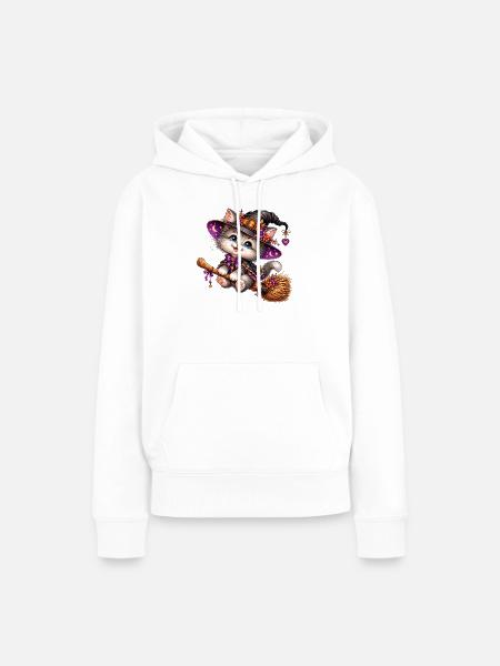 Katzenzauberer auf dem Besen - Frauen Premium Bio Hoodie - Weiß