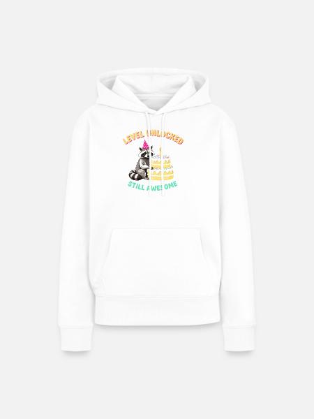 Level Freigeschaltet Waschbär am Kuchen - Frauen Premium Bio Hoodie - Weiß