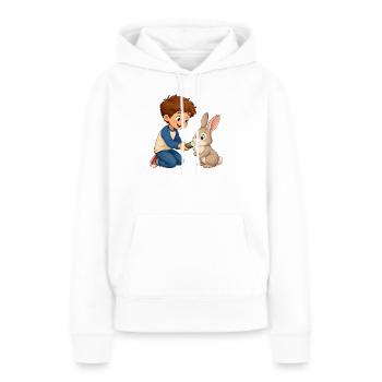 Kaninchen bekommt Gurke vom fröhlichen Jungen - Frauen Premium Bio Hoodie - Weiß - Vorne - Julia (174cm)