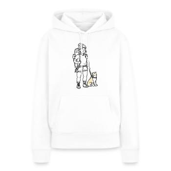 Frau, die mit ihrem Hund mit dem Rucksack unterwegs ist - Frauen Premium Bio Hoodie - Weiß - Vorne - Julia (174cm)