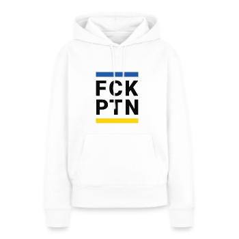 fck PTN, Fuck Poutine - Sweat à capuche Premium bio Femme - blanc - Devant - Julia (174cm)