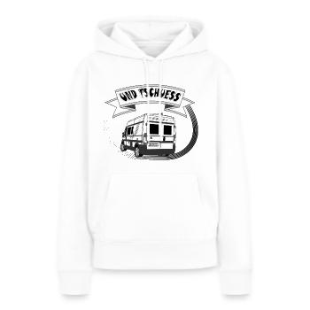 Kastenwagen von hinten "Und Tschuess" weiß - Frauen Premium Bio Hoodie - Weiß - Vorne - Julia (174cm)