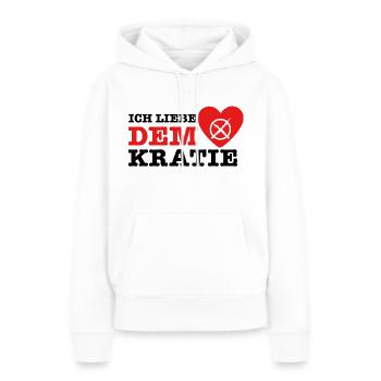 J’aime la démocratie - Sweat à capuche Premium bio Femme - blanc - Devant - Julia (174cm)