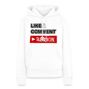 Gefällt mir, Kommentar, Abonnieren. - Frauen Premium Bio Hoodie - Weiß - Vorne - Julia (174cm)