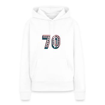 70. 70 ANS. 70e ANNIVERSAIRE. ANNIVERSAIRE 70 ANS. - Sweat à capuche Premium bio Femme - blanc - Devant - Julia (174cm)