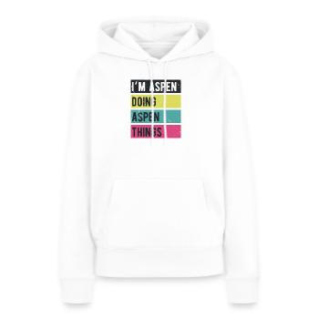 Je suis Aspen qui fait des couleurs rétro d’Aspen Things - Sweat à capuche Premium bio Femme - blanc - Devant - Julia (174cm)