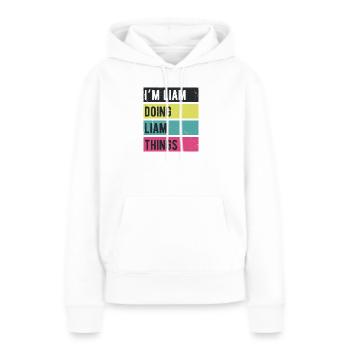 Je suis Liam qui fait des couleurs rétro de Liam Things - Sweat à capuche Premium bio Femme - blanc - Devant - Julia (174cm)