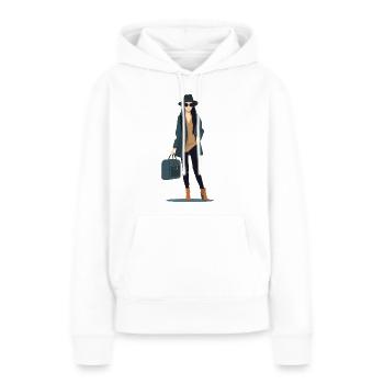 Eine reisende Frau in modischer Kleidung - Frauen Premium Bio Hoodie - Weiß - Vorne - Julia (174cm)