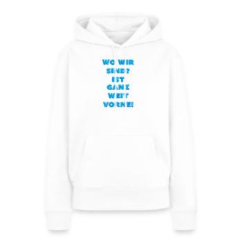 Question : Où en sommes-nous ? Bien plus loin ! - Sweat à capuche Premium bio Femme - blanc - Devant - Julia (174cm)