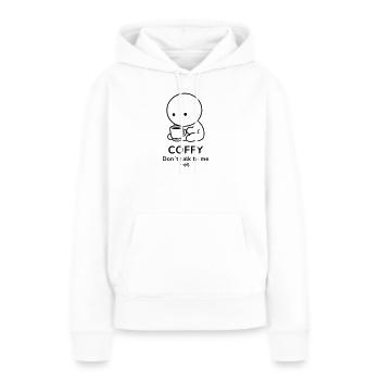 Coffy – Ne me parle pas encore | Ambiance café - Sweat à capuche Premium bio Femme - blanc - Devant - Julia (174cm)