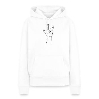 geste de la main je t'aime / je t'aime - Sweat à capuche Premium bio Femme - blanc - Devant - Julia (174cm)