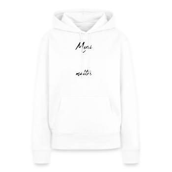MAÎTRE. MAITRE. MERCI. MERCI MAÎTRE. MAITRE - Sweat à capuche Premium bio Femme - blanc - Devant - Julia (174cm)