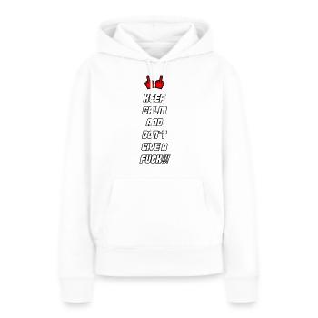 Reste calme N’en a rien à foutre 002 - Sweat à capuche Premium bio Femme - blanc - Devant - Julia (174cm)