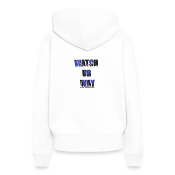 WATCH YOUR WAY - Frauen Premium Bio Hoodie - Weiß - Hinten - Julia (174cm)