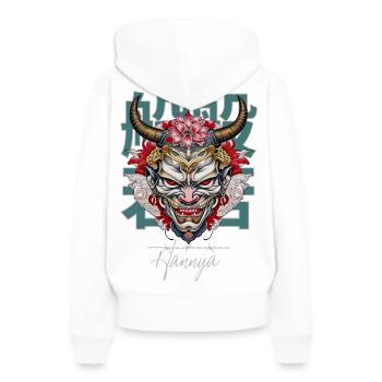 Japanese Hannya Mask: Lotus & Horns - Frauen Premium Bio Hoodie - Weiß - Hinten - Julia (174cm)