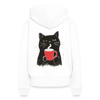 Chat Vintage avec Café - Style Linogravure - Sweat à capuche Premium bio Femme - blanc - Dos - Julia (174cm)
