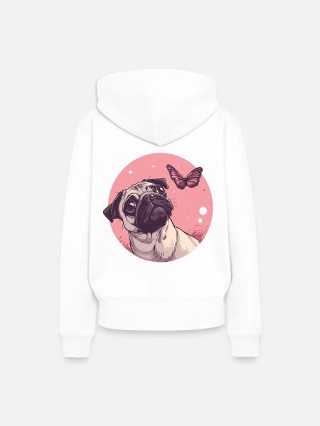 Mops und Schmetterling - Frauen Premium Bio Hoodie - Weiß