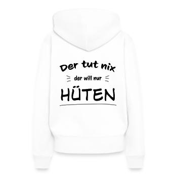 Der will nur hüten - Frauen Premium Bio Hoodie - Weiß - Hinten - Julia (174cm)