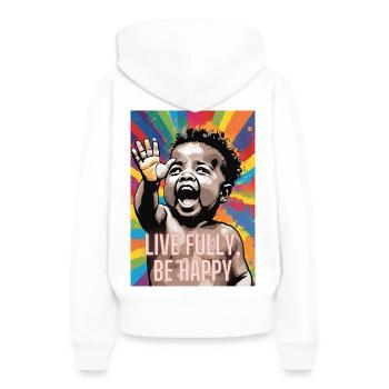 Live Fully, Be Happy - Milas Christian Streetwear - Frauen Premium Bio Hoodie - Weiß - Hinten - Julia (174cm)