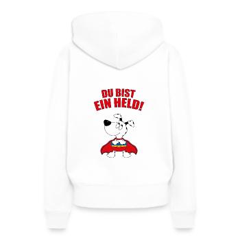 DU BIST EIN HELD! - HUND - SUPERHELD - TIERISCH - Frauen Premium Bio Hoodie - Weiß - Hinten - Julia (174cm)