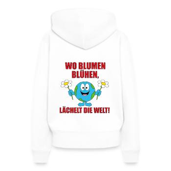 WO BLUMEN BLÜHEN, LÄCHELT DIE WELT! - Frauen Premium Bio Hoodie - Weiß - Hinten - Julia (174cm)