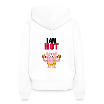 I AM HOT - SCHWEIN - FEUER - STEINZEIT - TIER - Frauen Premium Bio Hoodie - Weiß - Hinten - Julia (174cm)