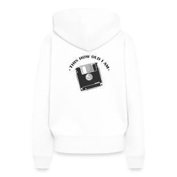 C'est quel âge j'ai, module de mémoire rétro sur disquette - Sweat à capuche Premium bio Femme - blanc - Dos - Julia (174cm)