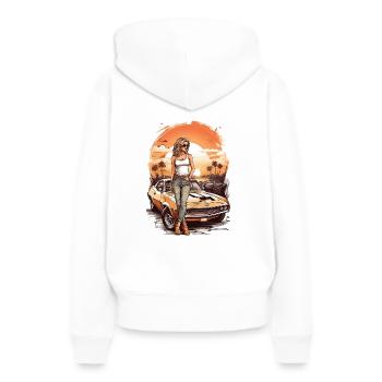 Attractive woman in front of muscle car - Women’s Premium Organic Hoodie - white - Back - Julia (174cm)