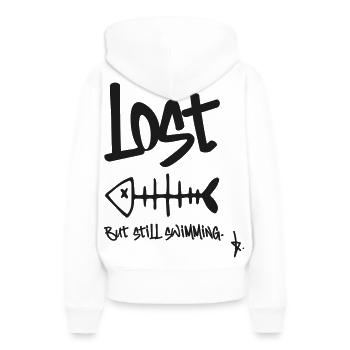 LOST – Mais je nage encore | Conception en arête de poisson - Sweat à capuche Premium bio Femme - blanc - Dos - Julia (174cm)
