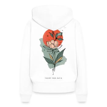 Ligne de fleurs devant le soleil rouge - Sweat à capuche Premium bio Femme - blanc - Dos - Julia (174cm)