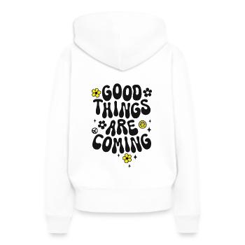 Good things are coming saying Trendy Retro Peace - Women’s Premium Organic Hoodie - white - Back - Julia (174cm)