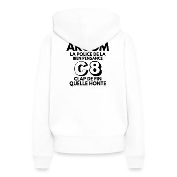 C8, liberté d'expression, média, tv - Sweat à capuche Premium bio Femme - blanc - Dos - Julia (174cm)