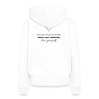 Stratégie & Autorité - Amour de soi - Sweat à capuche Premium bio Femme - blanc - Dos - Julia (174cm)