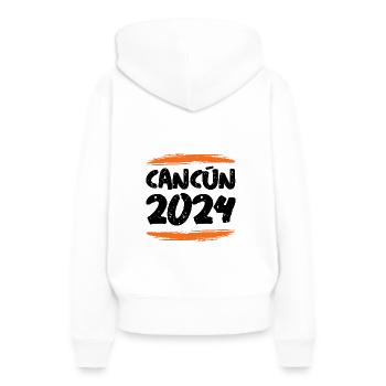 Cancún 2024 - Sweat à capuche Premium bio Femme - blanc - Dos - Julia (174cm)