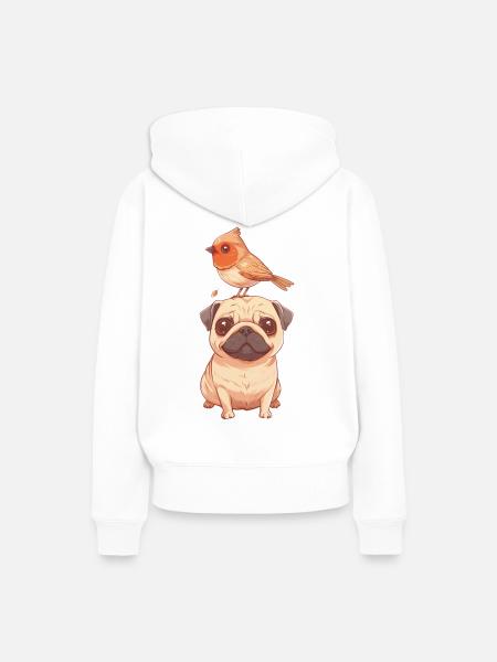 Mops mit Vogel - Frauen Premium Bio Hoodie - Weiß