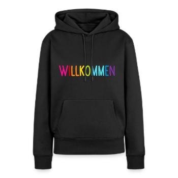 Willkommen - Frauen Premium Bio Hoodie - Schwarz - Vorne - Julia (174cm)