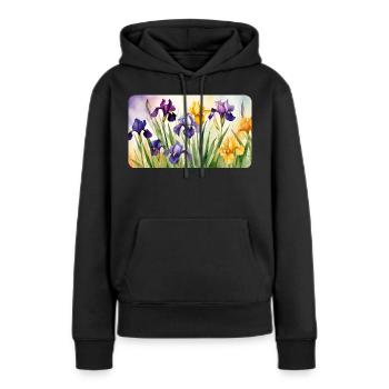 Iris Romantiques - Aquarelles - Sweat à capuche Premium bio Femme - noir - Devant - Julia (174cm)