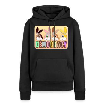 DEMOKRATIE FÜR KINDER – KANINCHEN - Frauen Premium Bio Hoodie - Schwarz - Vorne - Julia (174cm)