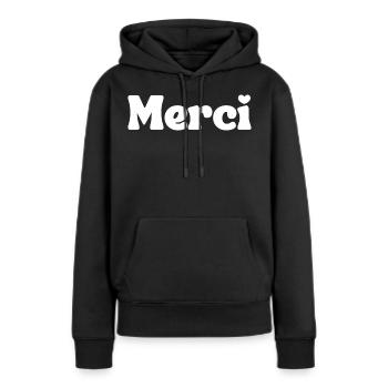 Merci - Sweat à capuche Premium bio Femme - noir - Devant - Julia (174cm)