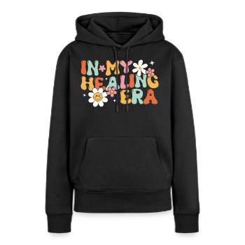 À mon époque de guérison - Sweat à capuche Premium bio Femme - noir - Devant - Julia (174cm)