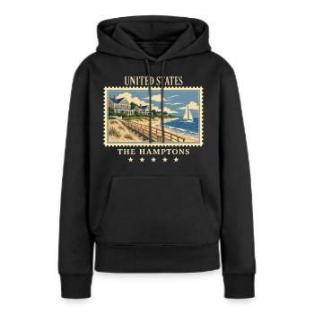 USA La marque de voyage vintage des Hamptons - Sweat à capuche Premium bio Femme - noir - Devant - Julia (174cm)