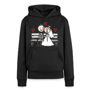Caricature du couple de mariés sur le banc - Sweat à capuche Premium bio Femme - noir - Devant - Julia (174cm)