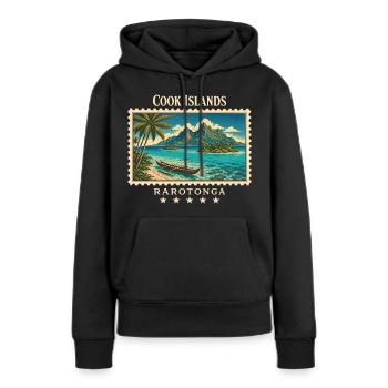 Marque de voyage vintage Rarotonga des Îles Cook - Sweat à capuche Premium bio Femme - noir - Devant - Julia (174cm)