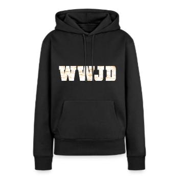 Jésus - Jésus Christ - Dieu - WWJD - Sweat à capuche Premium bio Femme - noir - Devant - Julia (174cm)